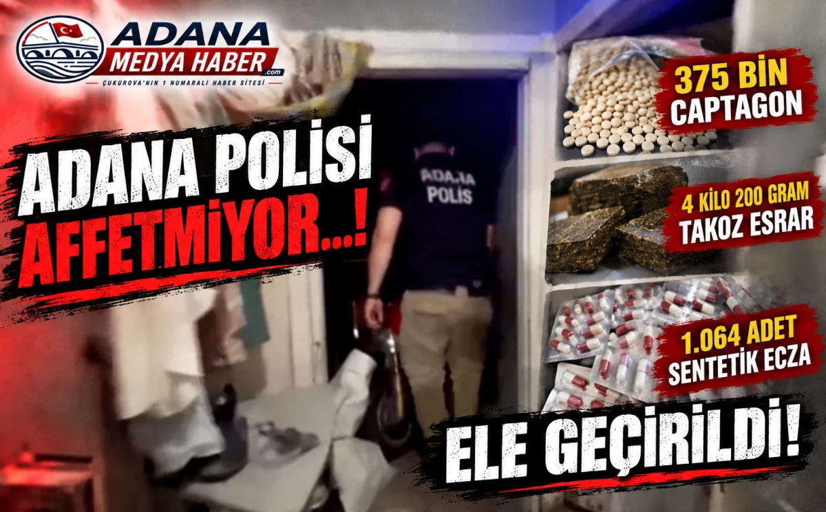 Adana Polisi affetmiyor...!  375 bin Captagon, 4 kilo 200 gram takoz esrar ve 1.064 adet sentetik ecza ele ge&ccedil;irildi! 